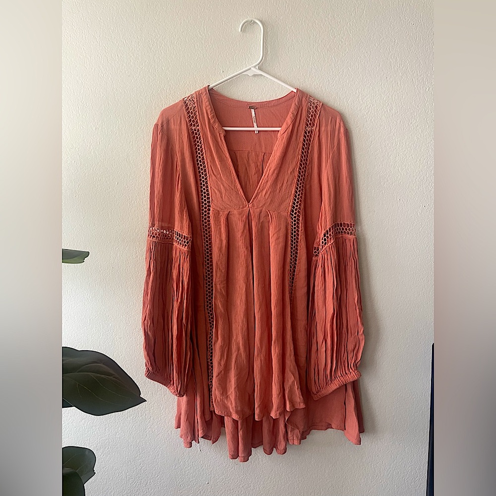 Free People Pink Boho Oversized V-Neck Long Sleeve Dress Women’s Size Small - Picture 3 of 7